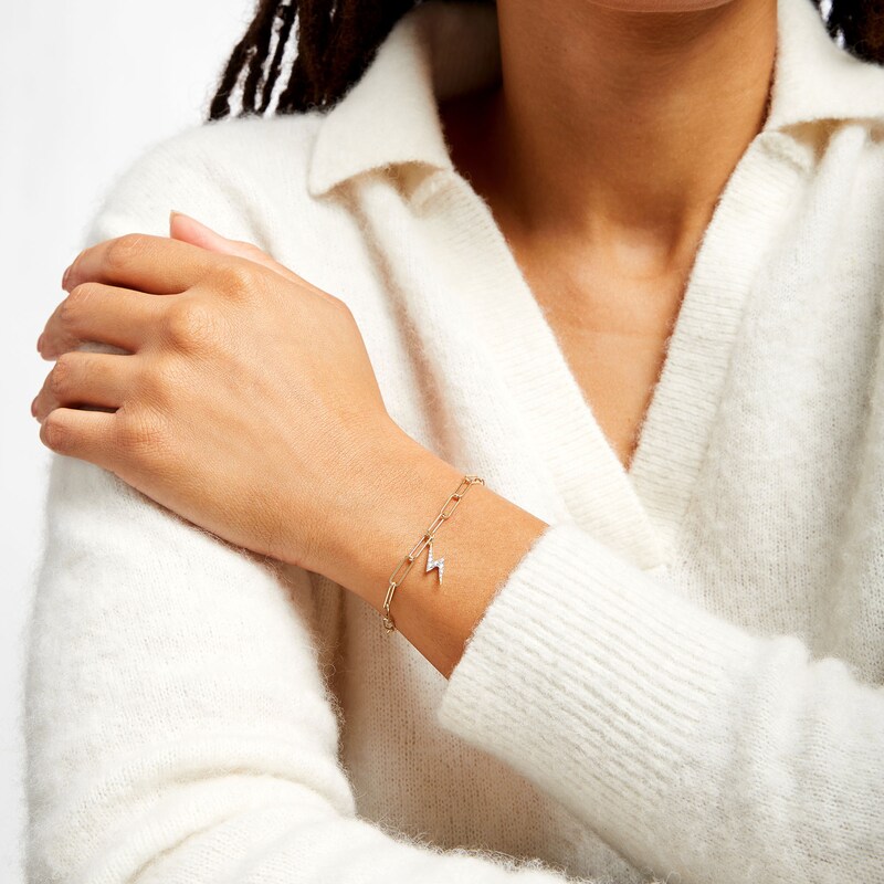 Main Image 2 of 1/10 CT. T.W. Diamond Lightning Bolt Dangle Charm Paper Clip Link Bracelet in Sterling Silver with 14K Gold Plate