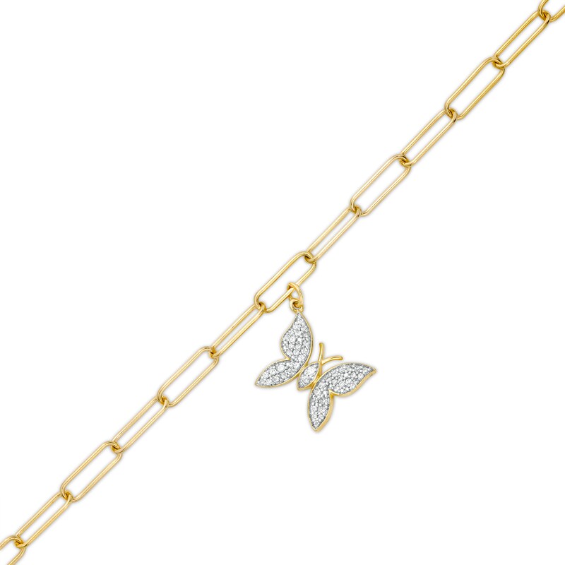 Main Image 1 of 1/5 CT. T.W. Diamond Butterfly Dangle Charm Paper Clip Link Bracelet in Sterling Silver with 14K Gold Plate