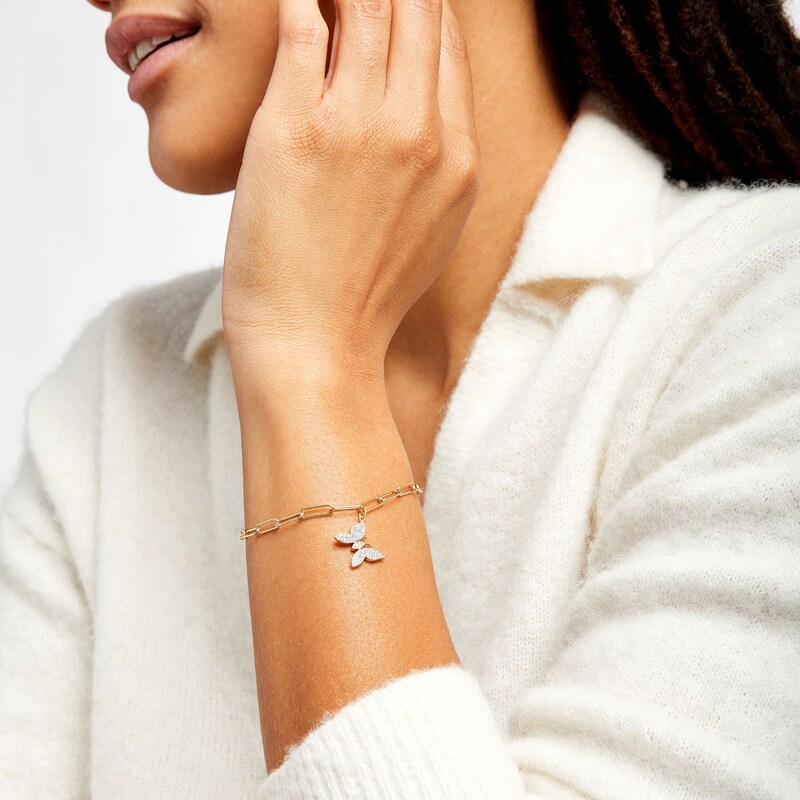 Main Image 2 of 1/5 CT. T.W. Diamond Butterfly Dangle Charm Paper Clip Link Bracelet in Sterling Silver with 14K Gold Plate