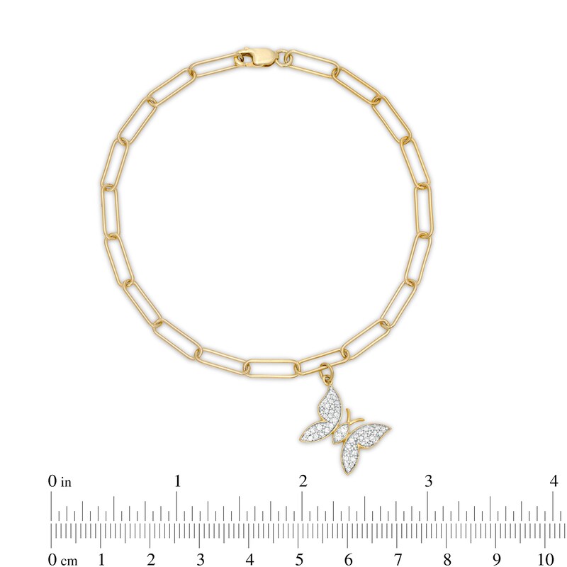 Main Image 4 of 1/5 CT. T.W. Diamond Butterfly Dangle Charm Paper Clip Link Bracelet in Sterling Silver with 14K Gold Plate