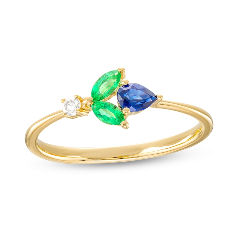 Main Image 1 of Marquise Emerald, Pear-Shaped Blue Sapphire, and Diamond Accent Tapered Shank Ring in 10K Gold
