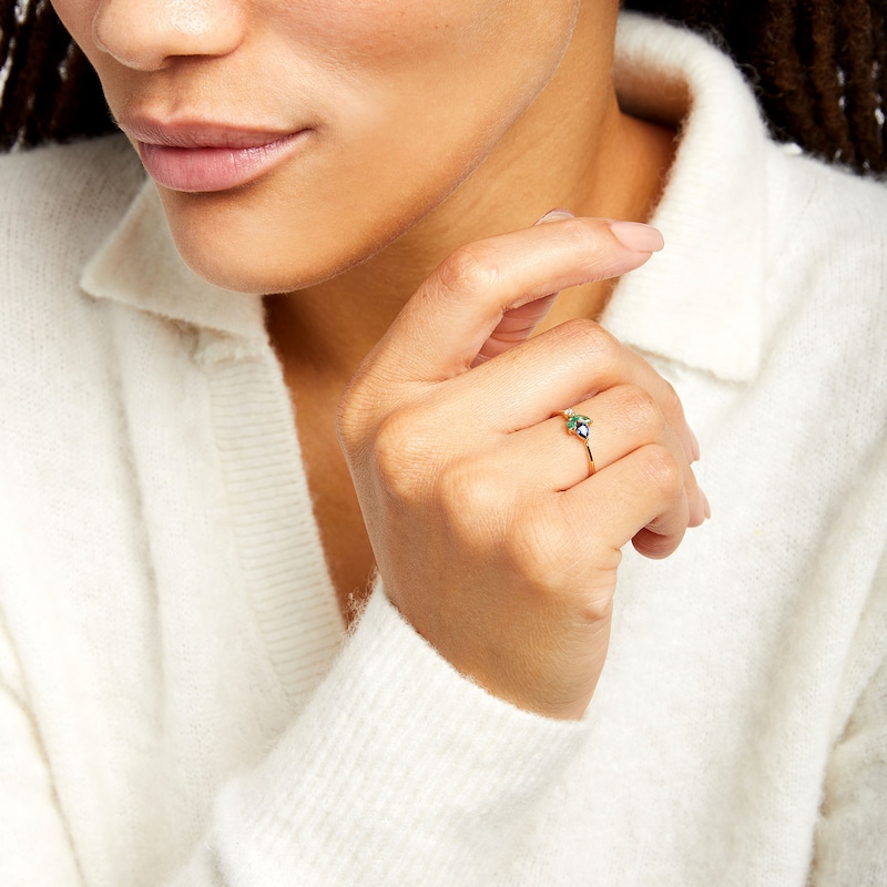 Main Image 2 of Marquise Emerald, Pear-Shaped Blue Sapphire, and Diamond Accent Tapered Shank Ring in 10K Gold