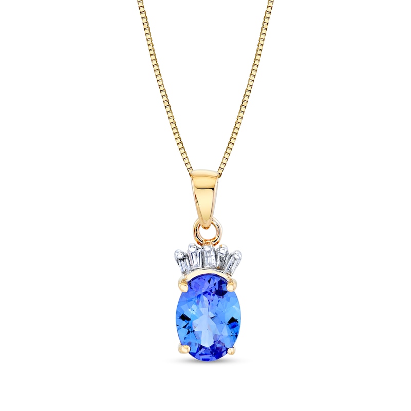 Main Image 1 of Oval Tanzanite and 1/15 CT. T.W. Baguette Diamond Pendant in 14K Gold
