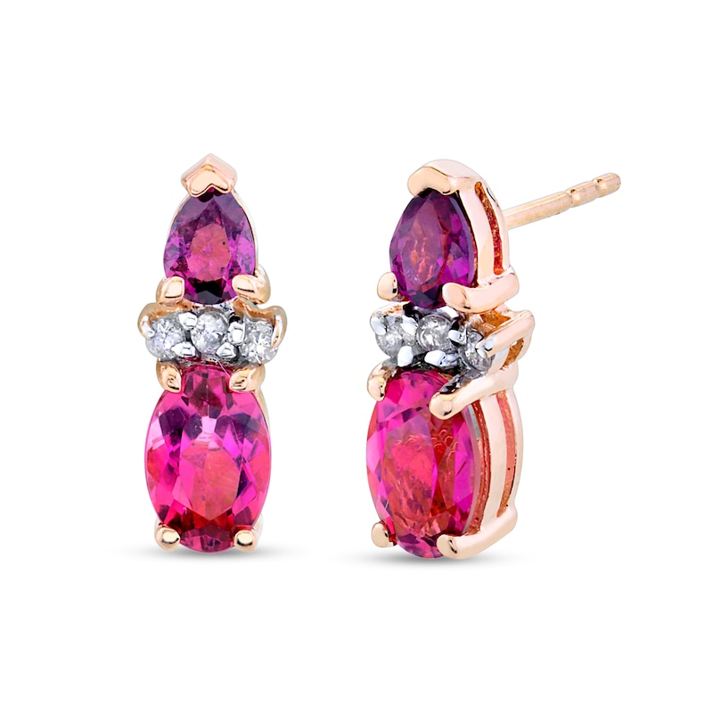 Main Image 1 of Oval Pink Tourmaline, Pear-Shaped Rhodolite Garnet and 1/20 CT. T.W. Diamond Drop Earrings in 14K Rose Gold