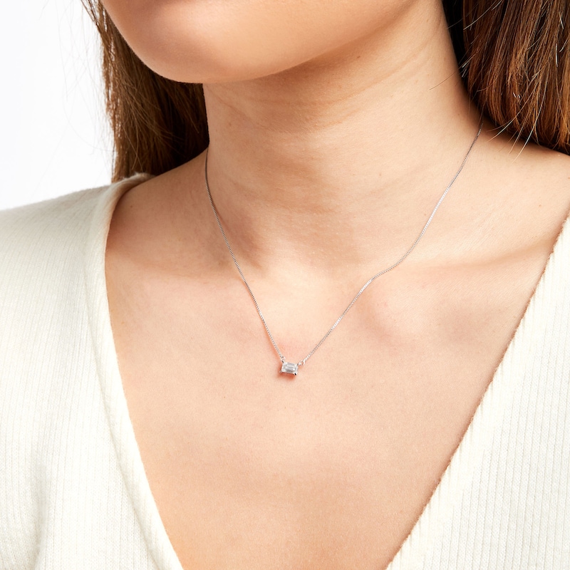 Main Image 2 of 1/3 CT. Certified Emerald-Cut Lab-Grown Diamond Solitaire Sideways Necklace in 14K White Gold (F/SI2)