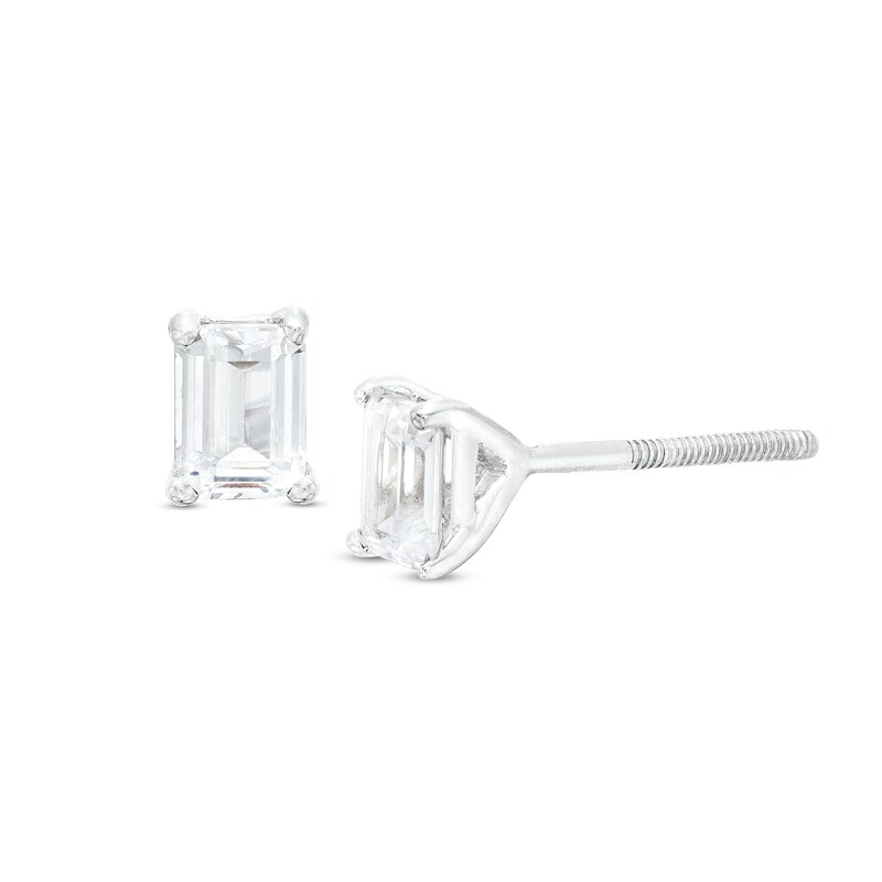Main Image 1 of 1/2 CT. T.W. Certified Emerald-Cut Lab-Grown Diamond Solitaire Stud Earrings in 14K White Gold (F/SI2)