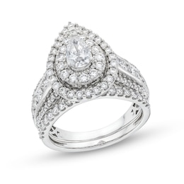 2 CT. T.W. Pear-Shaped Diamond Teardrop Frame Tiered Bridal Set in 14K White Gold