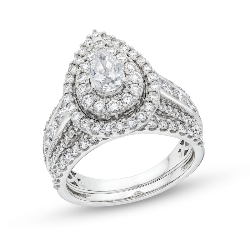 Main Image 1 of 2 CT. T.W. Pear-Shaped Diamond Teardrop Frame Tiered Bridal Set in 14K White Gold