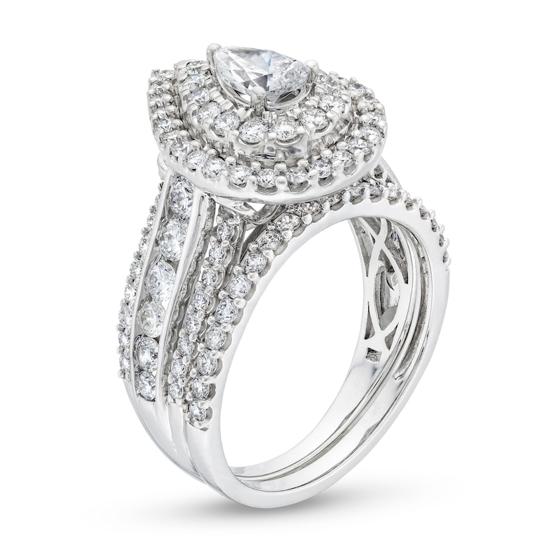 2 CT. T.W. Pear-Shaped Diamond Teardrop Frame Tiered Bridal Set in 14K White Gold