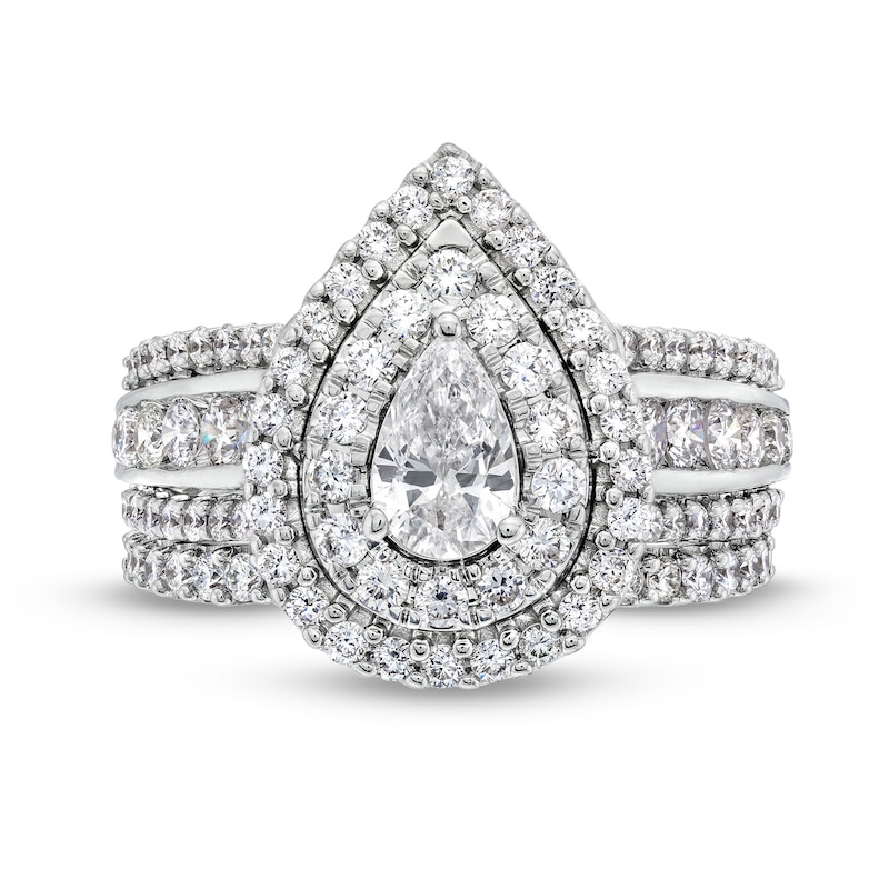 Main Image 4 of 2 CT. T.W. Pear-Shaped Diamond Teardrop Frame Tiered Bridal Set in 14K White Gold