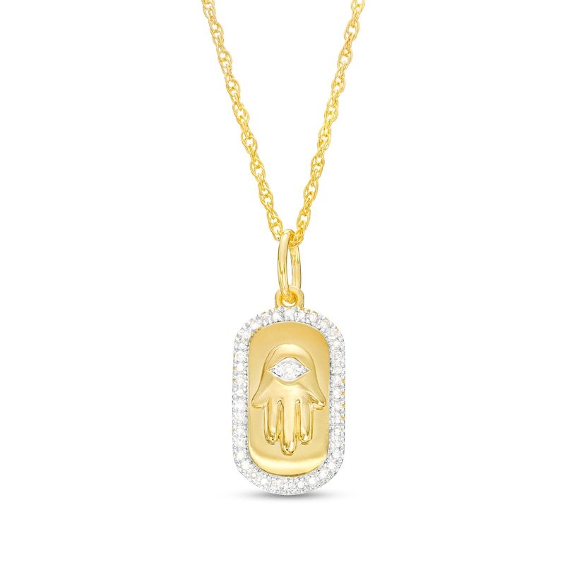 Main Image 1 of 1/8 CT. T.W. Diamond Frame Hamsa Dog Tag Pendant in Sterling Silver with 18K Gold Plate