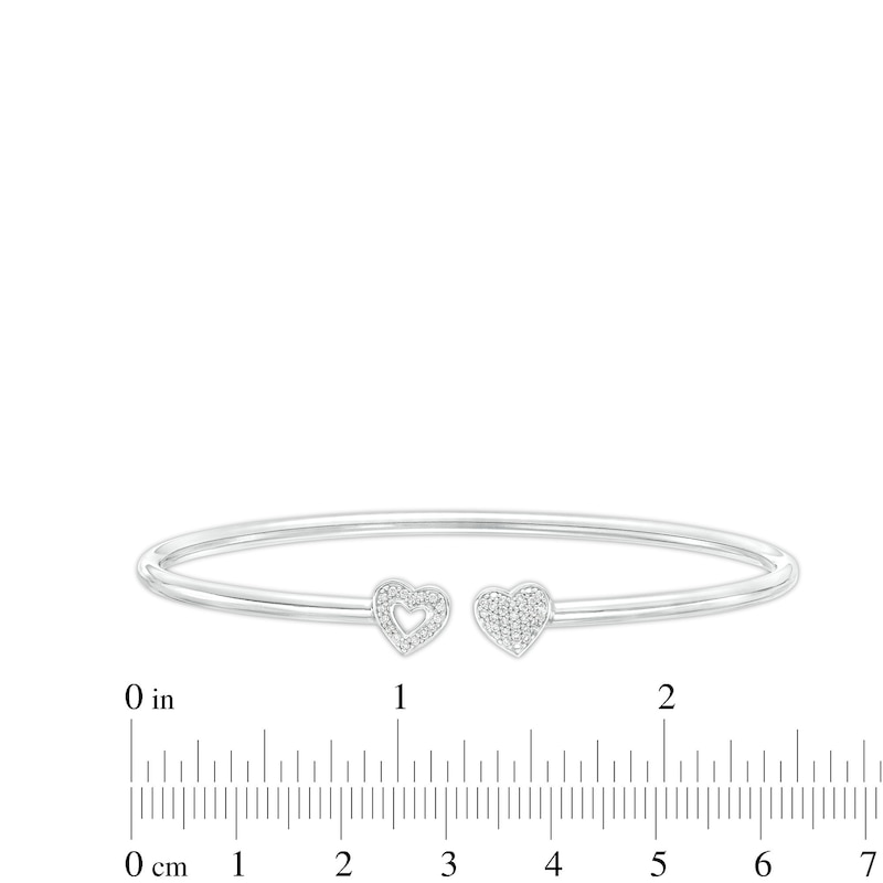 Main Image 3 of 1/6 CT. T.W. Diamond Mismatch Double Heart Open Bangle in Sterling Silver