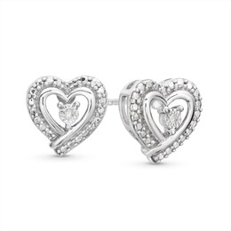 Diamond Accent Solitaire Beaded Frame Ribbon Heart Stud Earrings in Sterling Silver
