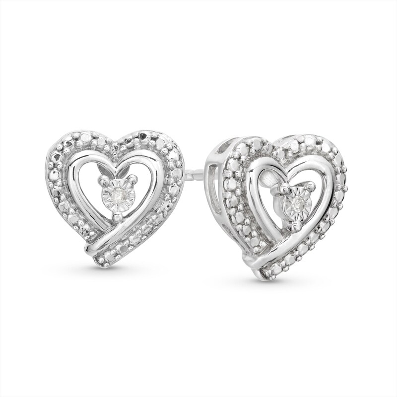 Main Image 1 of Diamond Accent Solitaire Beaded Frame Ribbon Heart Stud Earrings in Sterling Silver