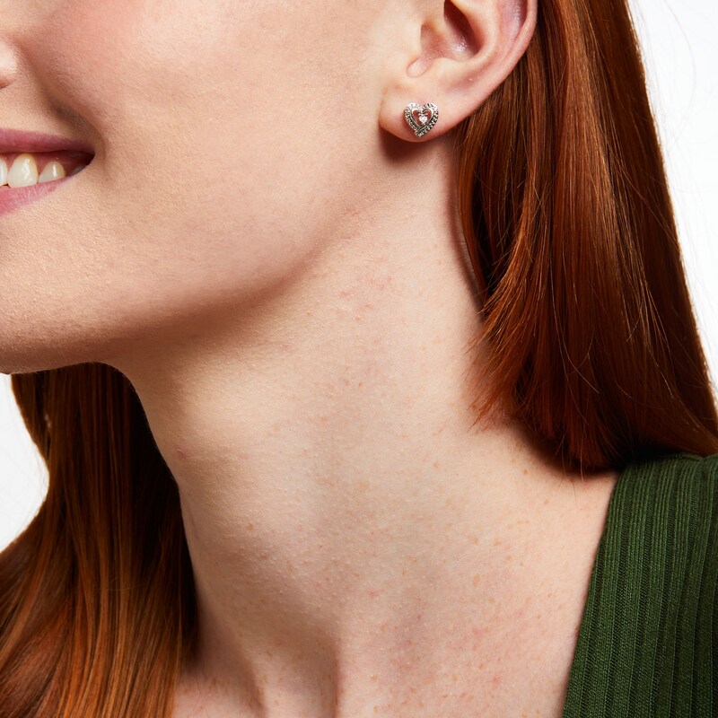Main Image 2 of Diamond Accent Solitaire Beaded Frame Ribbon Heart Stud Earrings in Sterling Silver