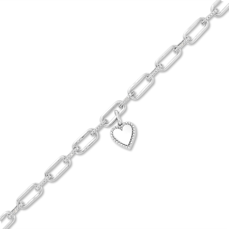 Main Image 1 of Diamond Accent Frame Heart Charm Paper Clip Link Bracelet in Sterling Silver