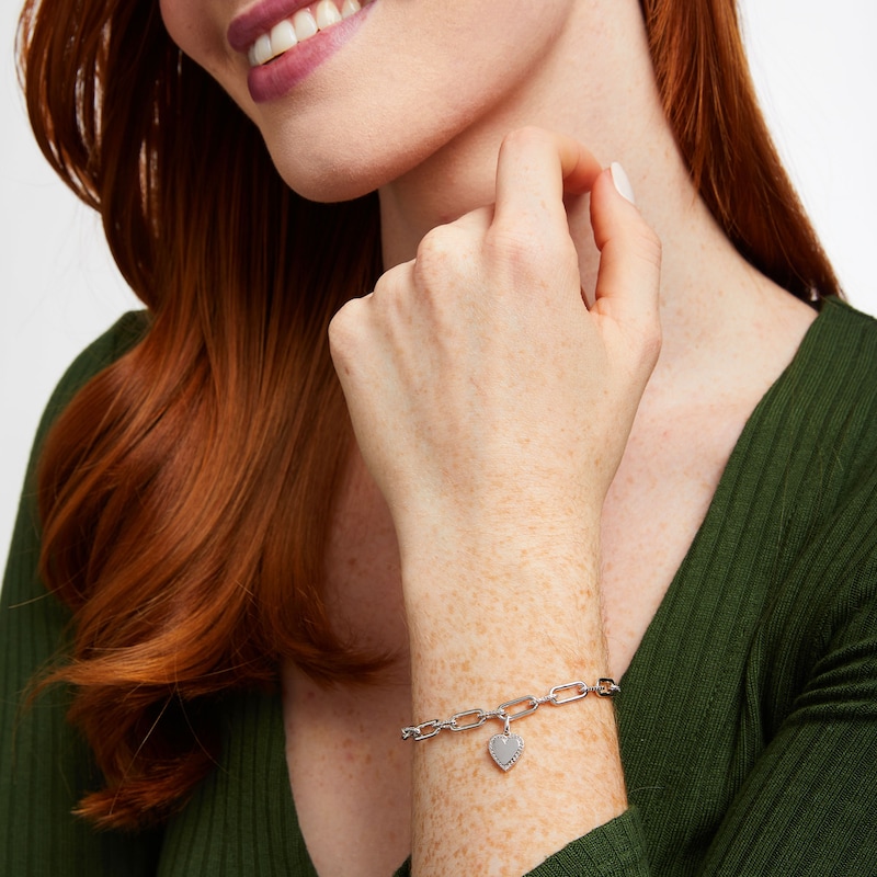 Main Image 2 of Diamond Accent Frame Heart Charm Paper Clip Link Bracelet in Sterling Silver