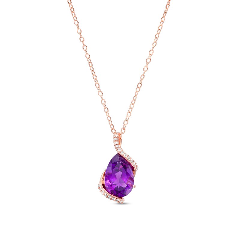 Main Image 1 of Pear-Shaped Amethyst and White Lab-Created Sapphire Bypass Pendant in Sterling Silver with 18K Rose Gold Plate