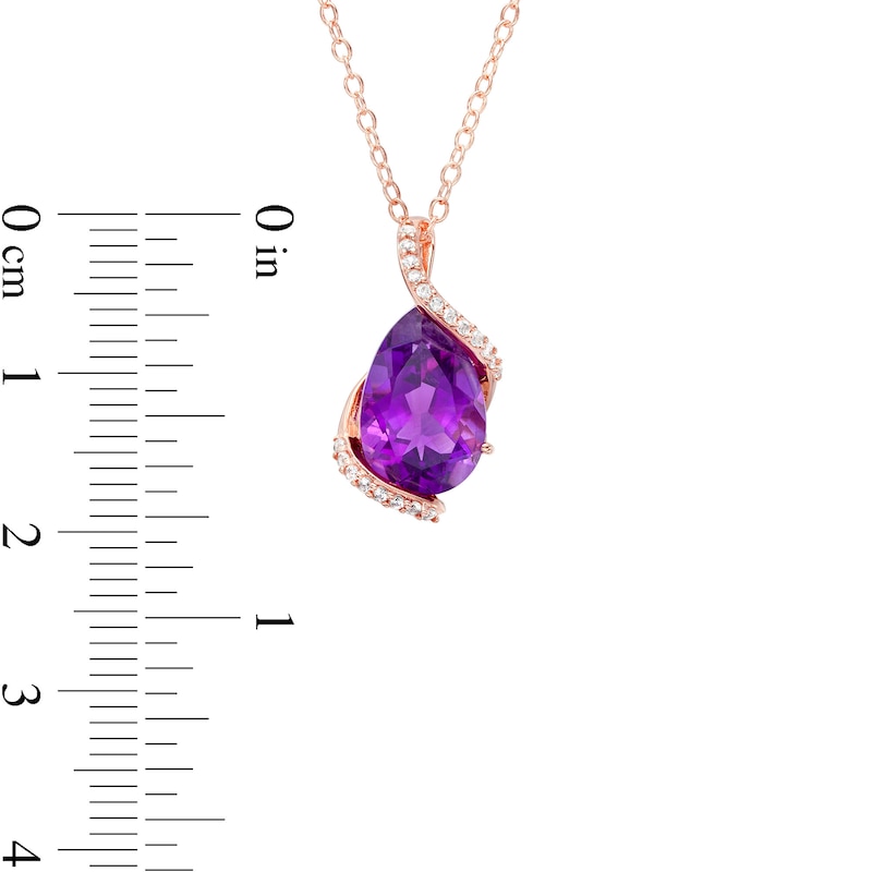 Main Image 2 of Pear-Shaped Amethyst and White Lab-Created Sapphire Bypass Pendant in Sterling Silver with 18K Rose Gold Plate
