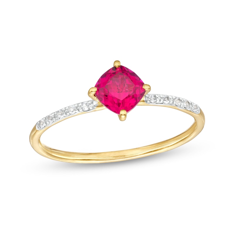 Main Image 1 of 5.0mm Cushion-Cut Lab-Created Ruby and White Lab-Created Sapphire Tilted Promise Ring in 10K Gold