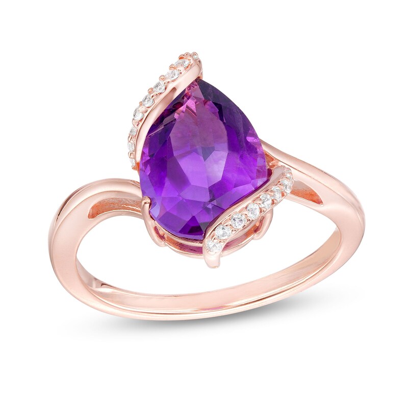 Main Image 1 of Pear-Shaped Amethyst and White Lab-Created Sapphire Bypass Ring in Sterling Silver with 18K Rose Gold Plate - Size 7