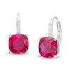 Thumbnail Image 1 of 8.0mm Cushion-Cut Lab-Created Ruby and Diamond Accent Drop Earrings in Sterling Silver