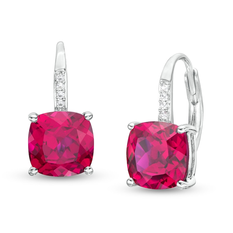 Main Image 1 of 8.0mm Cushion-Cut Lab-Created Ruby and Diamond Accent Drop Earrings in Sterling Silver