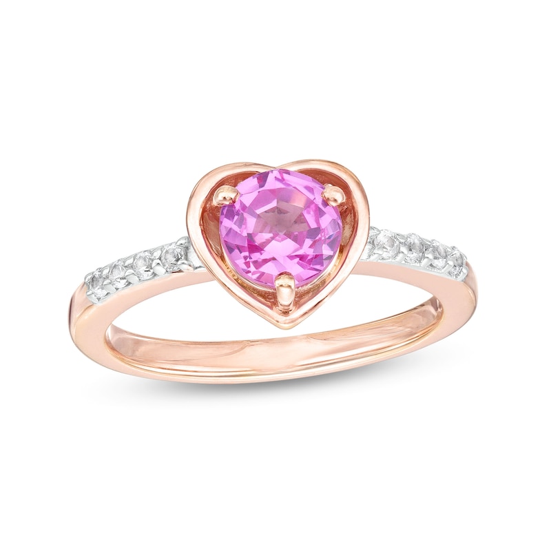 Main Image 1 of 6.0mm Pink and White Lab-Created Sapphire Heart Ring in Sterling Silver with 14K Rose Gold Plate - Size 7