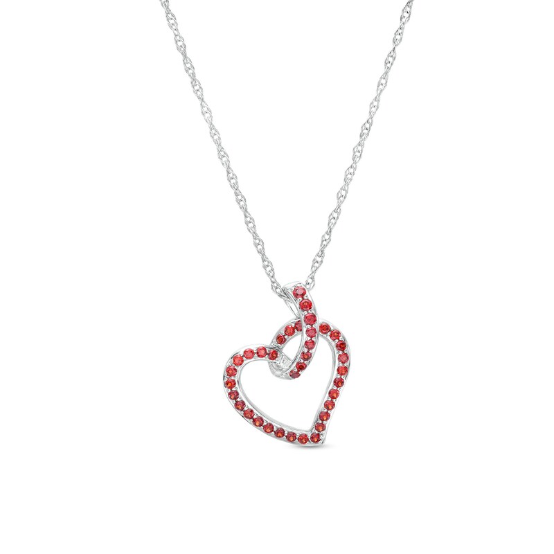 Garnet Heart Outline Tilted Loop Pendant in Sterling Silver