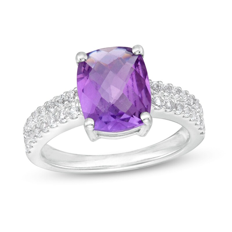 Main Image 1 of Cushion-Shaped Amethyst and White Lab-Created Sapphire Double Row Ring in Sterling Silver