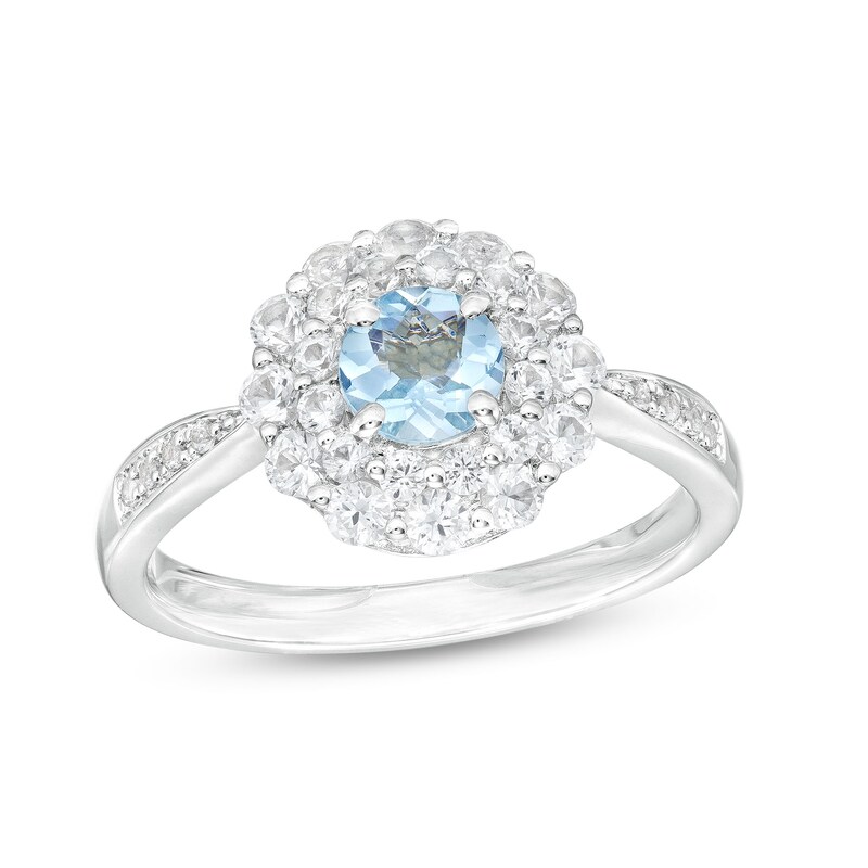 Main Image 1 of 5.0mm Aquamarine and White Lab-Created Sapphire Double Floral Frame Ring in Sterling Silver