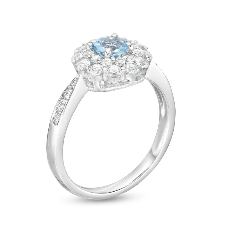 Main Image 2 of 5.0mm Aquamarine and White Lab-Created Sapphire Double Floral Frame Ring in Sterling Silver