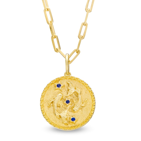 Blue Sapphire Pisces Zodiac Symbol Textured Frame Medallion Pendant in Sterling Silver with 14K Gold Plate
