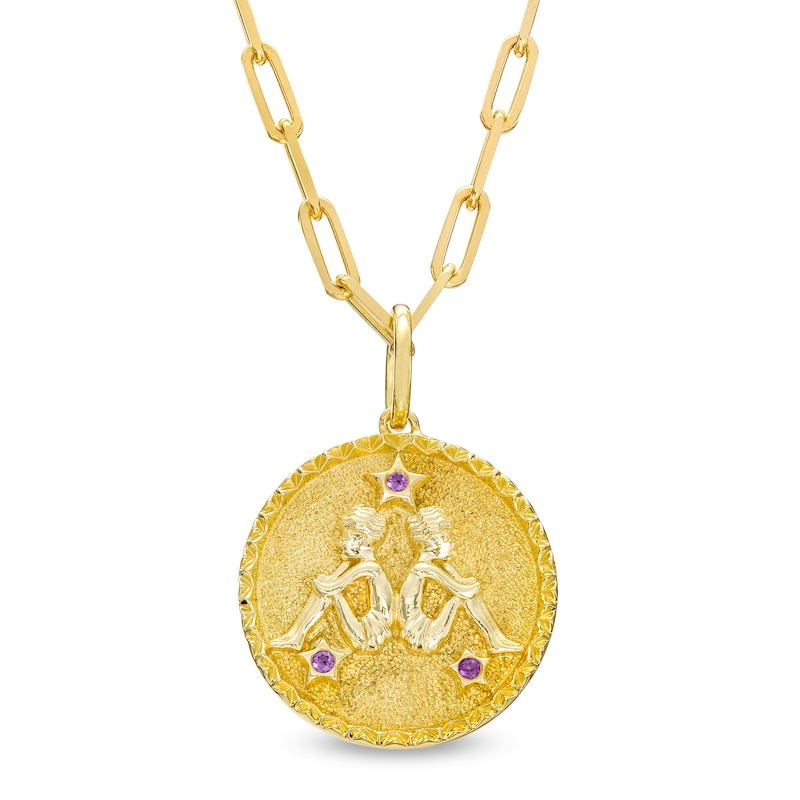 Main Image 1 of Amethyst Gemini Zodiac Symbol Textured Frame Medallion Pendant in Sterling Silver with 14K Gold Plate