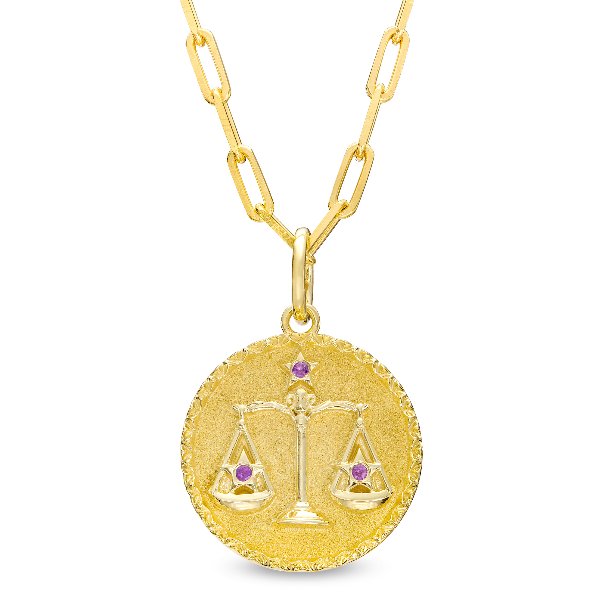 Amethyst Libra Zodiac Symbol Textured Frame Medallion Pendant in Sterling Silver with 14K Gold Plate