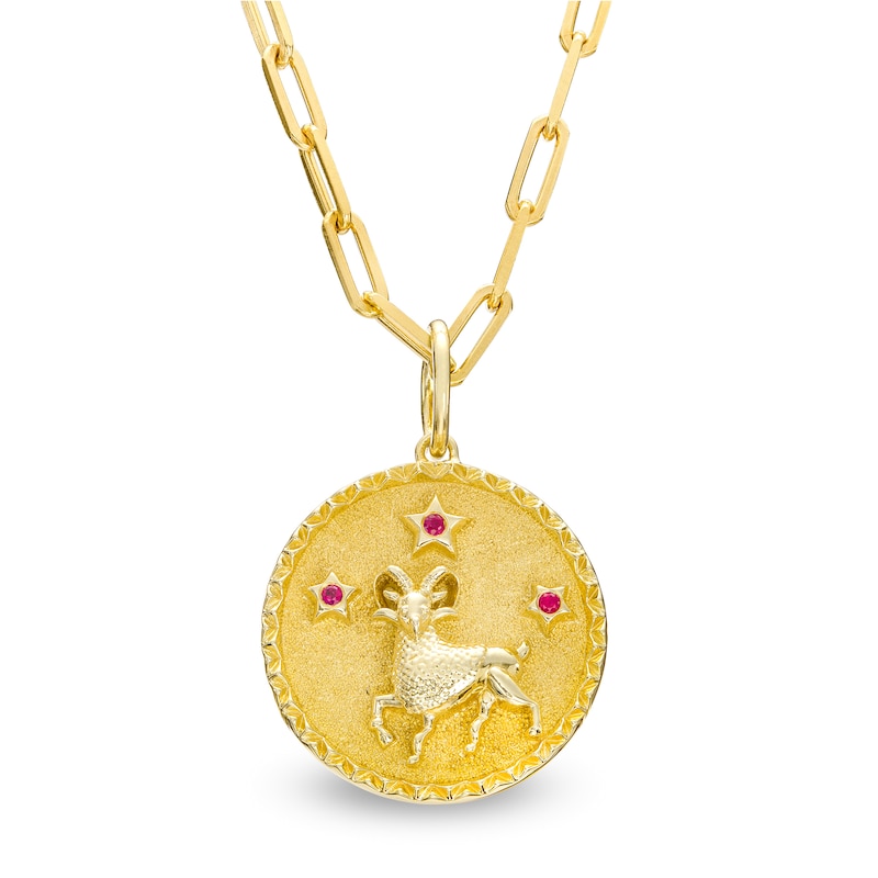 Main Image 1 of Ruby Aries Zodiac Symbol Textured Frame Medallion Pendant in Sterling Silver with 14K Gold Plate