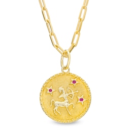 Ruby Sagittarius Zodiac Symbol Textured Frame Medallion Pendant in Sterling Silver with 14K Gold Plate