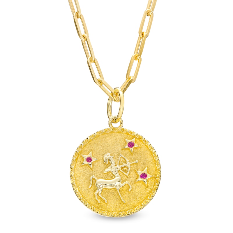 Main Image 1 of Ruby Sagittarius Zodiac Symbol Textured Frame Medallion Pendant in Sterling Silver with 14K Gold Plate