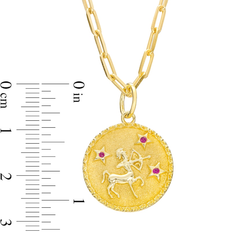 Ruby Sagittarius Zodiac Symbol Textured Frame Medallion Pendant in Sterling Silver with 14K Gold Plate