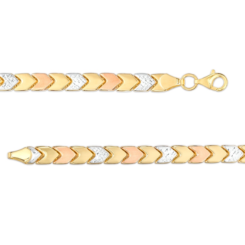 Main Image 3 of 5.23mm Alternating Chevron Stampato Bracelet in Hollow 10K Tri-Tone Gold – 7.25&quot;