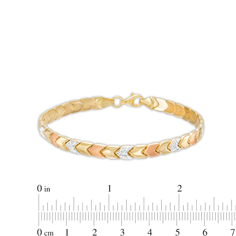 Main Image 4 of 5.23mm Alternating Chevron Stampato Bracelet in Hollow 10K Tri-Tone Gold – 7.25&quot;
