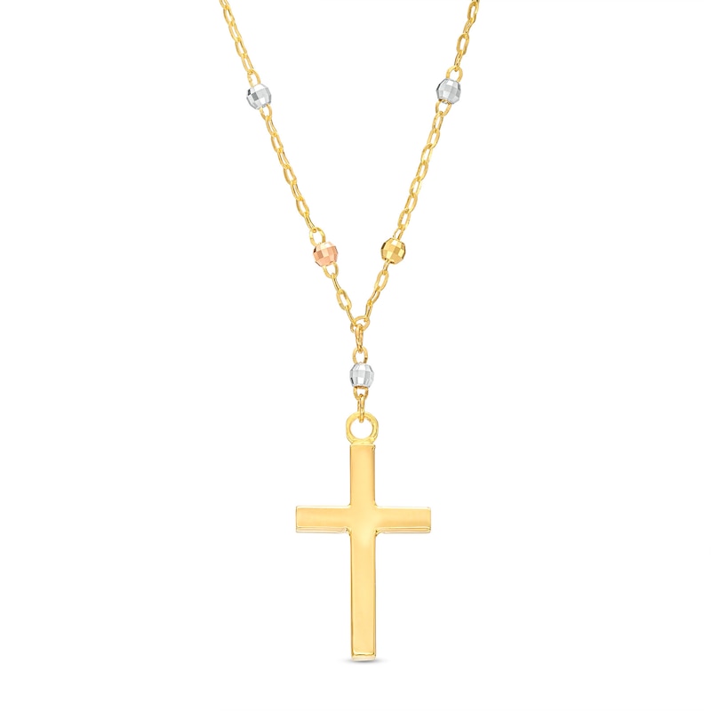 Main Image 1 of Diamond-Cut Brilliance Bead Station Cross Necklace in 10K Tri-Tone Gold