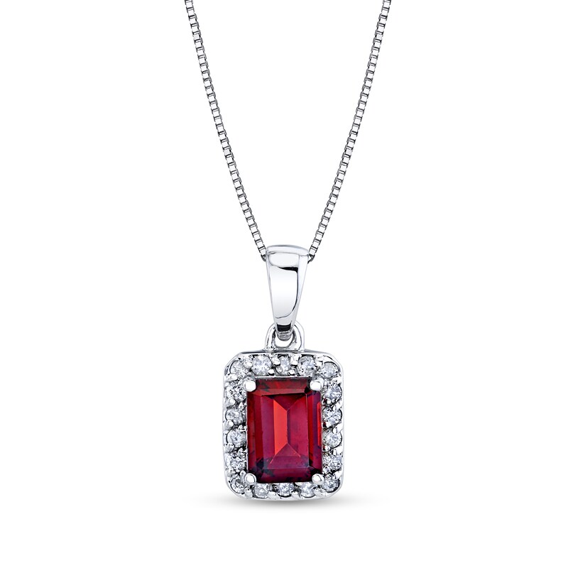 Main Image 1 of Emerald-Cut Garnet and 1/5 CT. T.W. Diamond Frame Pendant in 14K White Gold