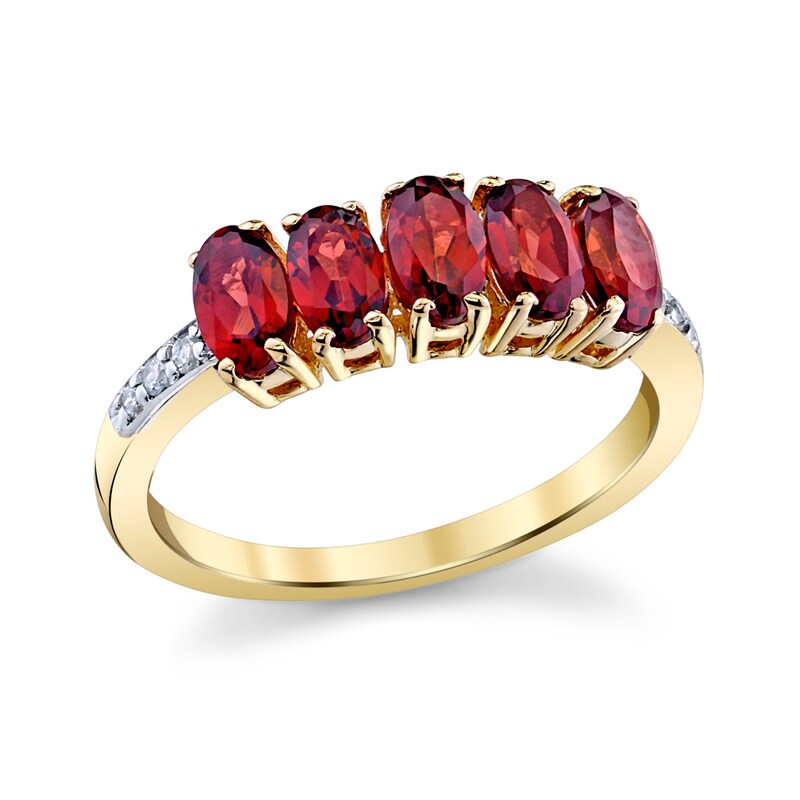 Main Image 1 of Oval Garnet and 1/20 CT. T.W. Diamond Five Stone Ring in 14K Gold