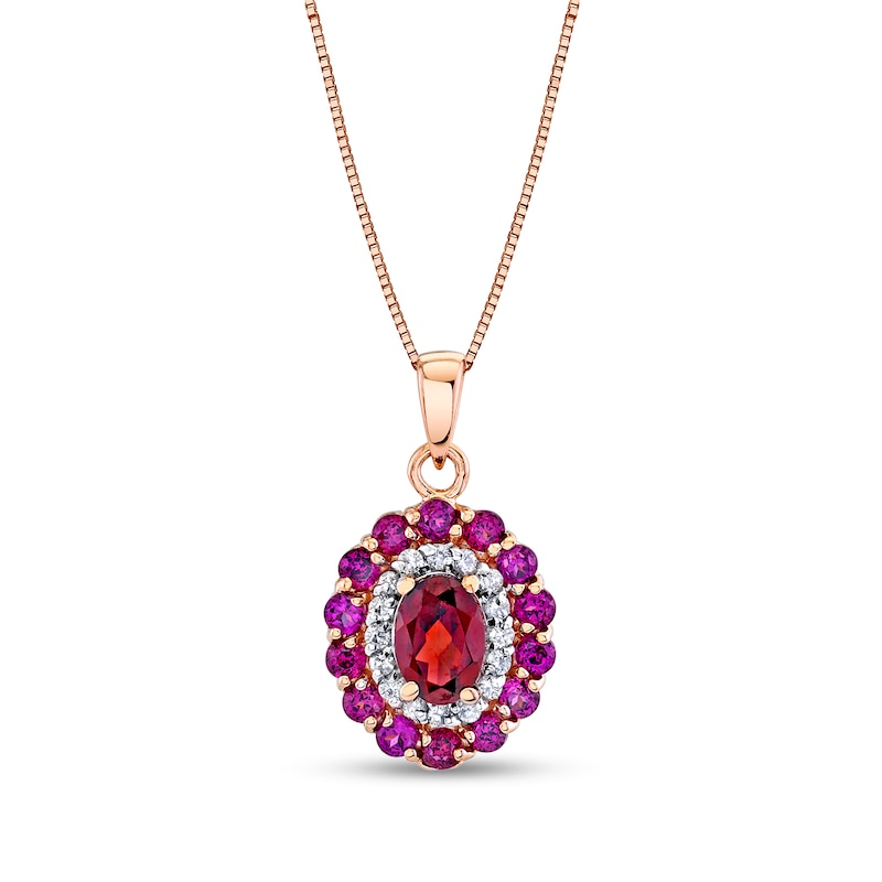 Main Image 1 of Oval Garnet, Rhodolite Garnet and 1/6 CT. T.W. Diamond Double Frame Pendant in 14K Rose Gold