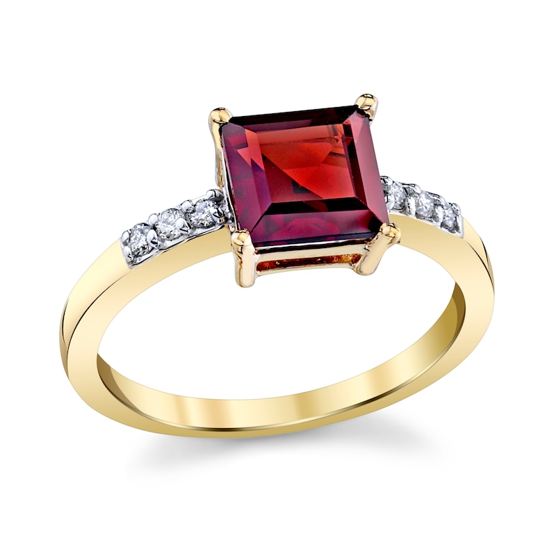 Main Image 1 of 7.0mm Princess-Cut Garnet and 1/10 CT. T.W. Diamond Ring in 14K Gold