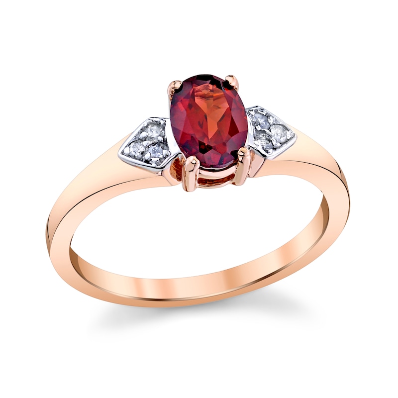 Main Image 1 of Oval Garnet and 1/20 CT. T.W. Diamond Tri-Sides Ring in 14K Rose Gold