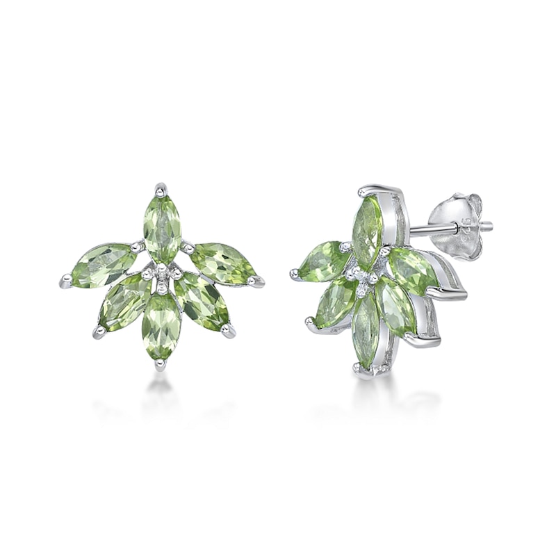 Main Image 1 of Marquise Peridot Flower Stud Earrings in Sterling Silver