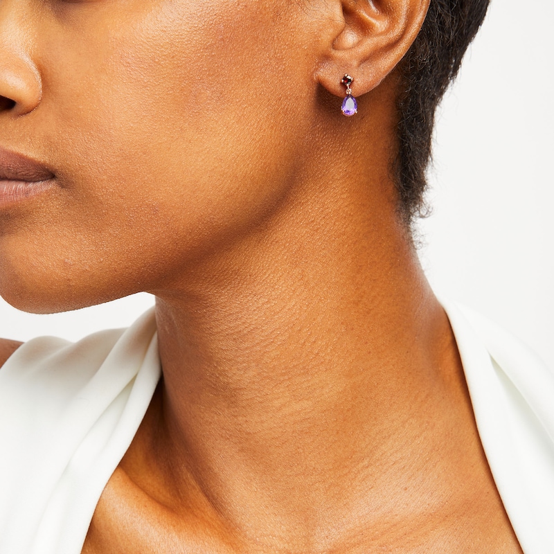 Main Image 2 of Pear-Shaped Amethyst and Garnet Drop Earrings in Sterling Silver with 18K Rose Gold Plate