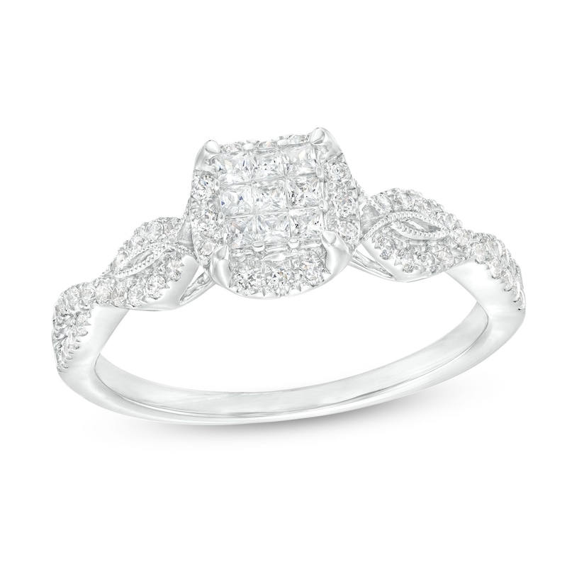 Main Image 1 of 3/8 CT. T.W. Princess-Cut Multi-Diamond Frame Vintage-Style Engagement Ring in 10K White Gold